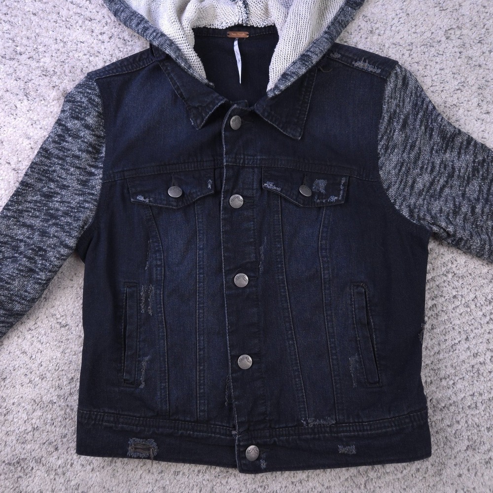Free People Denim Jacket Womens XS Hoodie Vest Black Gray Biker Moto Button Up - Picture 4 of 12